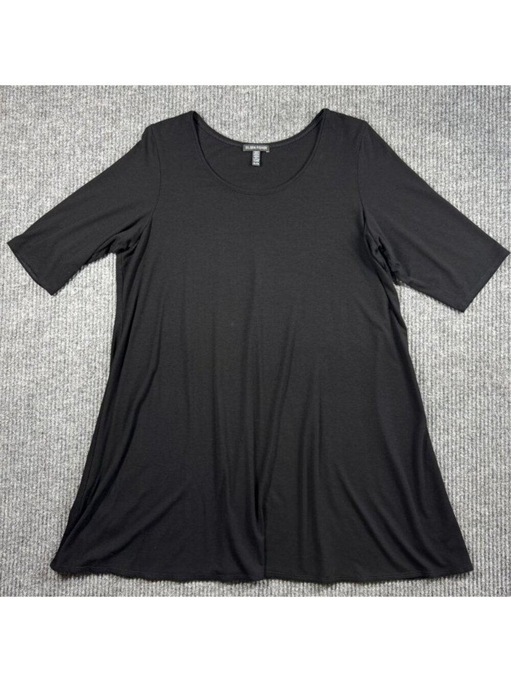 Eileen Fisher System Tunic Top Womens XL Black Elbow Sleeve Scoop Neck Swing